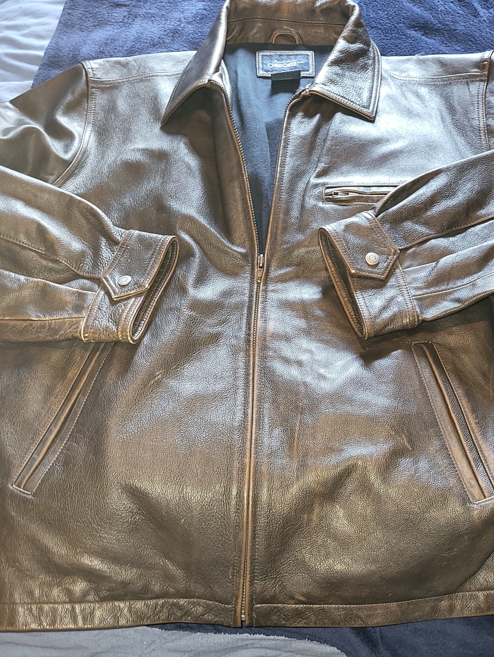 Cherokee Brown Leather Bomber Jacket with Zip Pockets